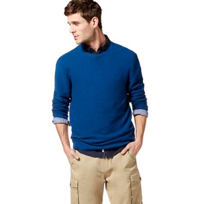 Big and tall blue ribbed crew neck jumper